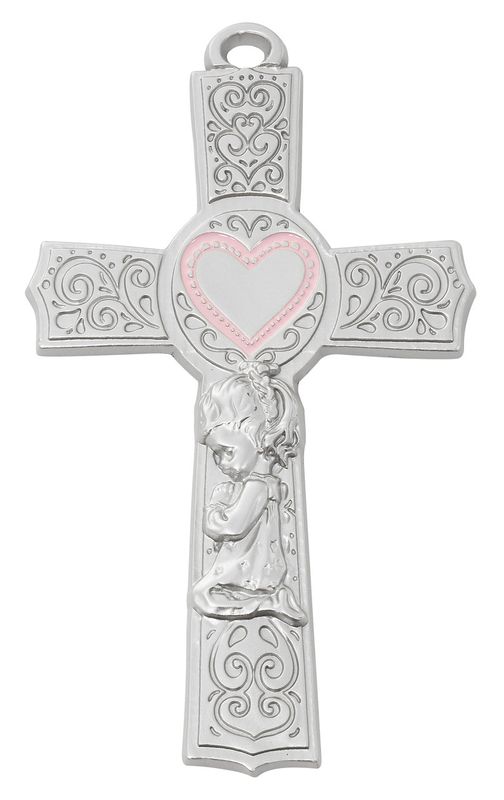 6&quot; Pewter Baby Girl Pink Filigree Cross