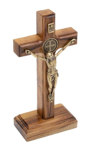 Crucifix Light Wood with Gold Corpus on Stand
