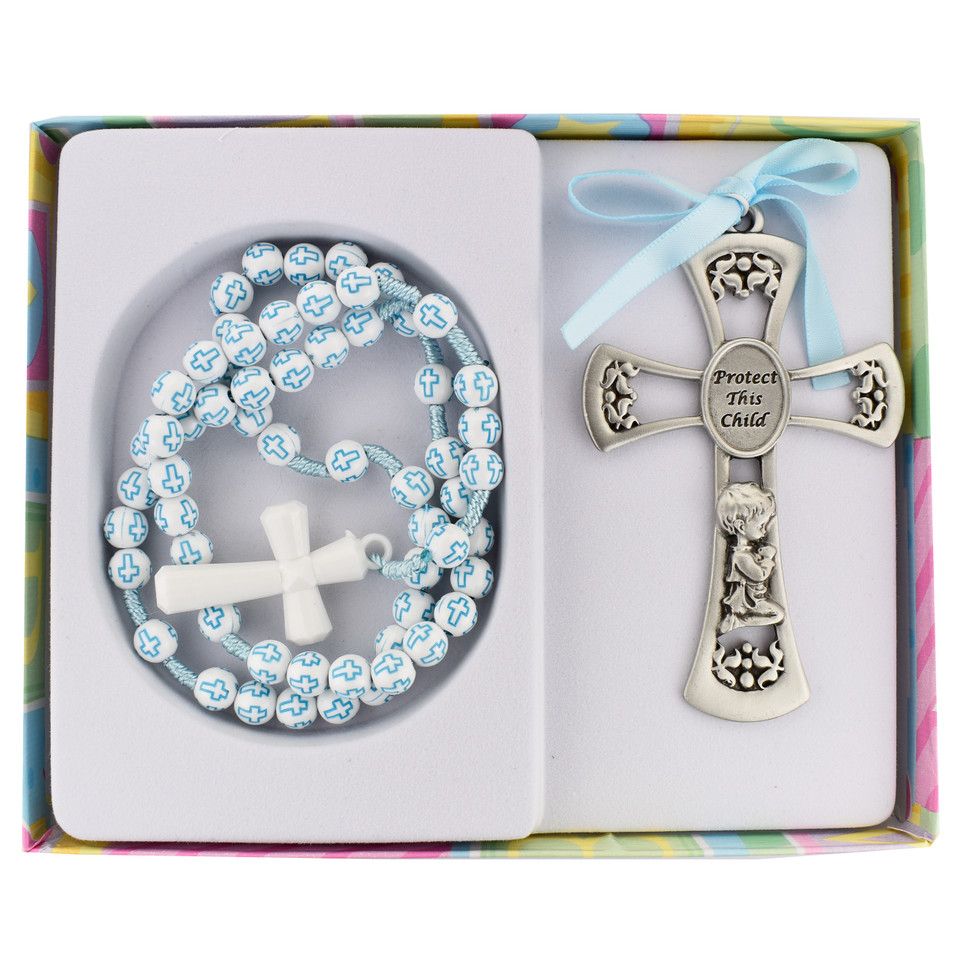 Baby Cross and Rosary Set Boy Blue