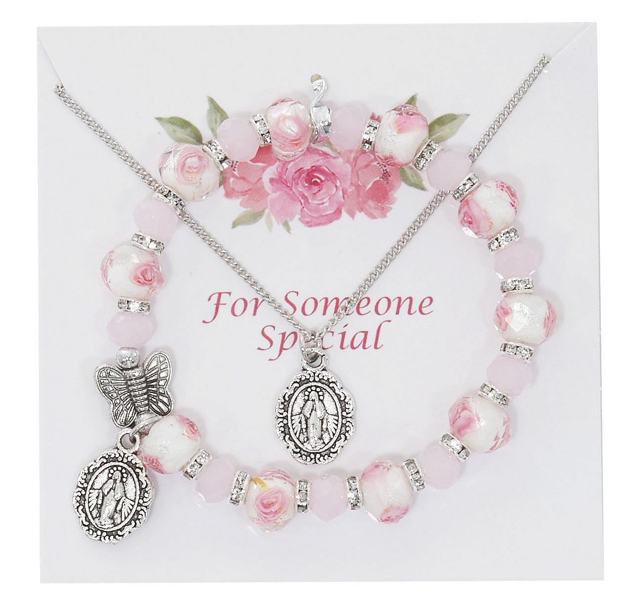 Miraculous medal and butterfly pendant and bracelet