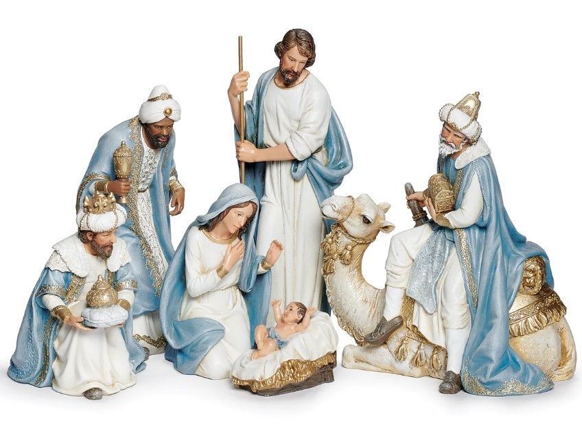 9.25" 6PC NATIVITY WITH KING ON CAMEL WHITE/BLUE