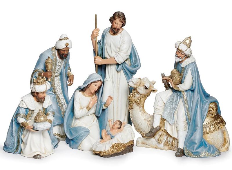 9.25" 6PC NATIVITY WITH KING ON CAMEL WHITE/BLUE 9.25" 6PC NATIVITY WITH KING ON CAMEL WHITE/BLUE