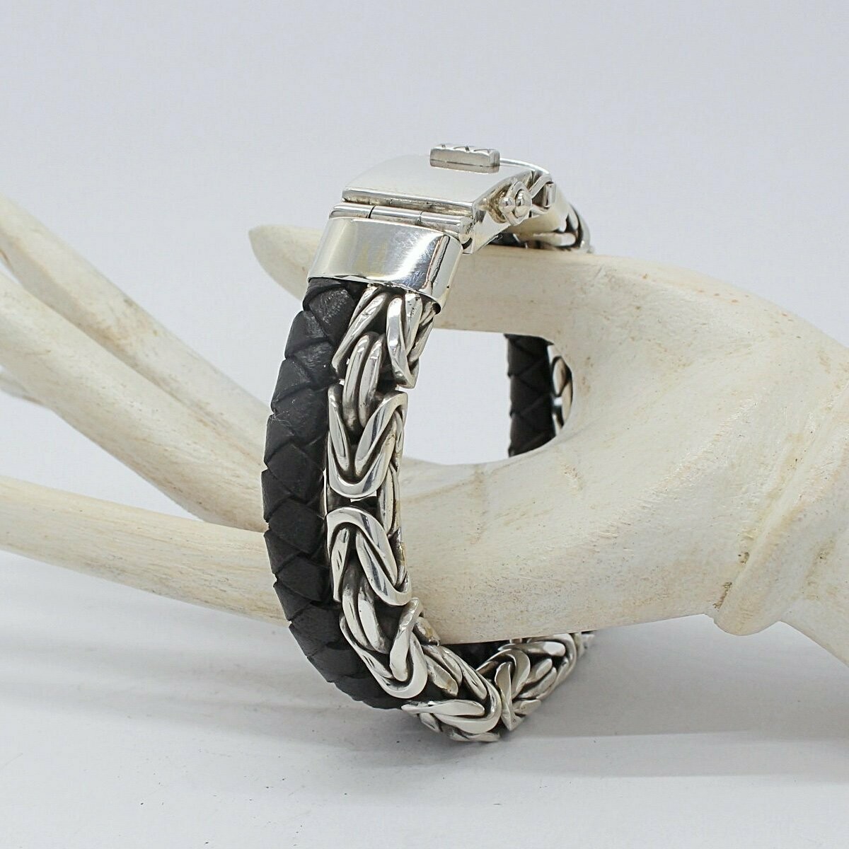 Armband Silber + schwarzes Leder - 
21 cm