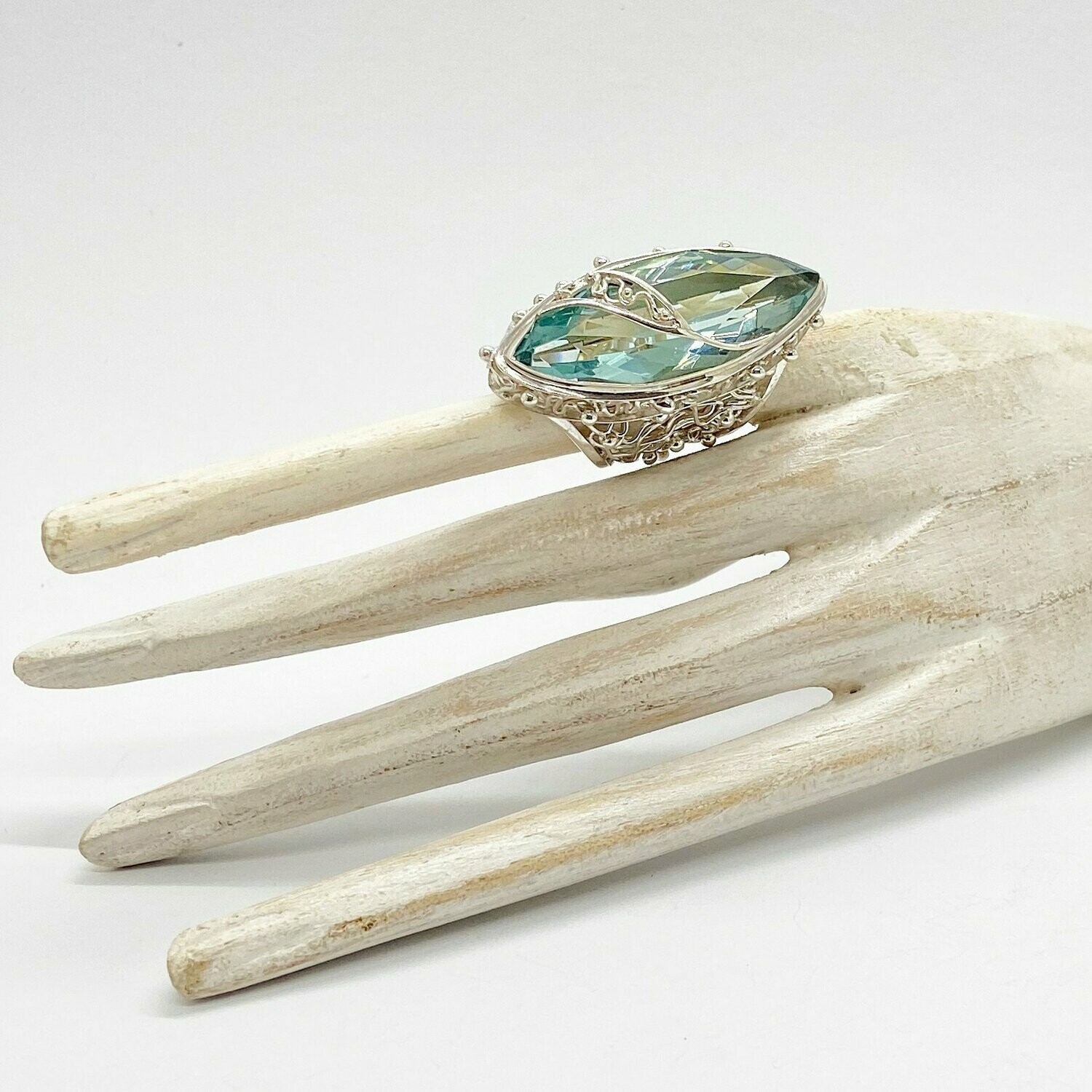 Unikat Ring Obsidian navette meerblau "beauty cruising"- 1,5 x 4 cm