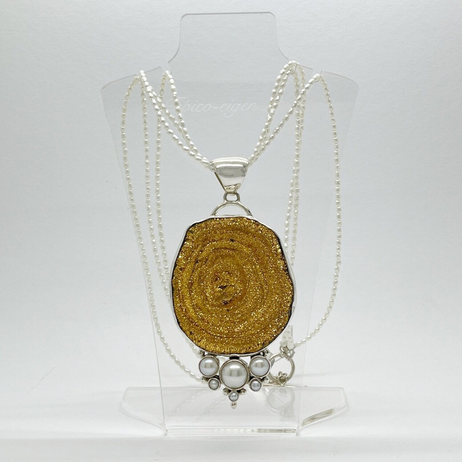 Unikat Anhänger Chalcedondruse/Zuchtperle "golden planet" - 4,5 x 5 cm