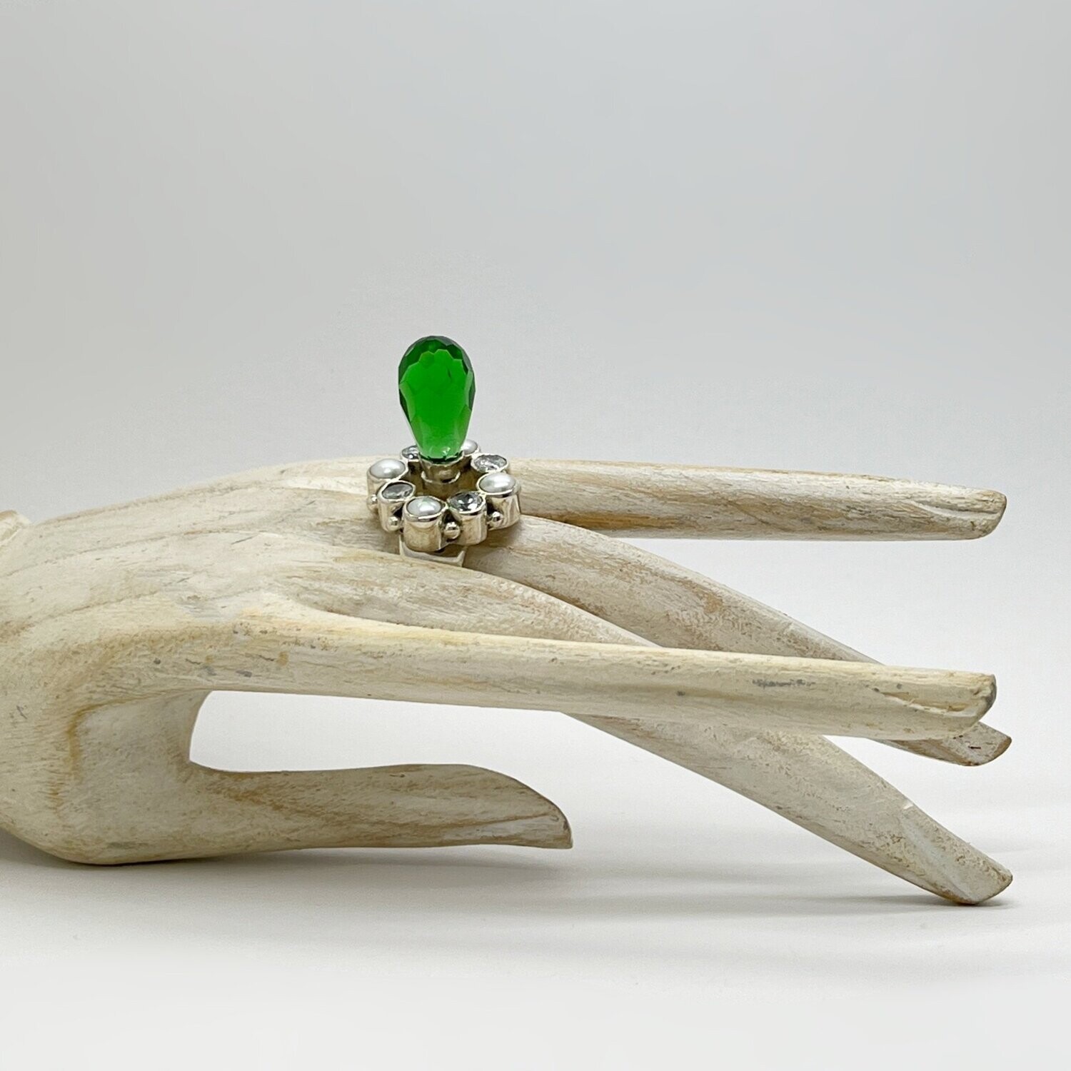 Unikat Ring Obsidian smaragdgrün/Zirkonia/Zuchtperle "Lollipop"