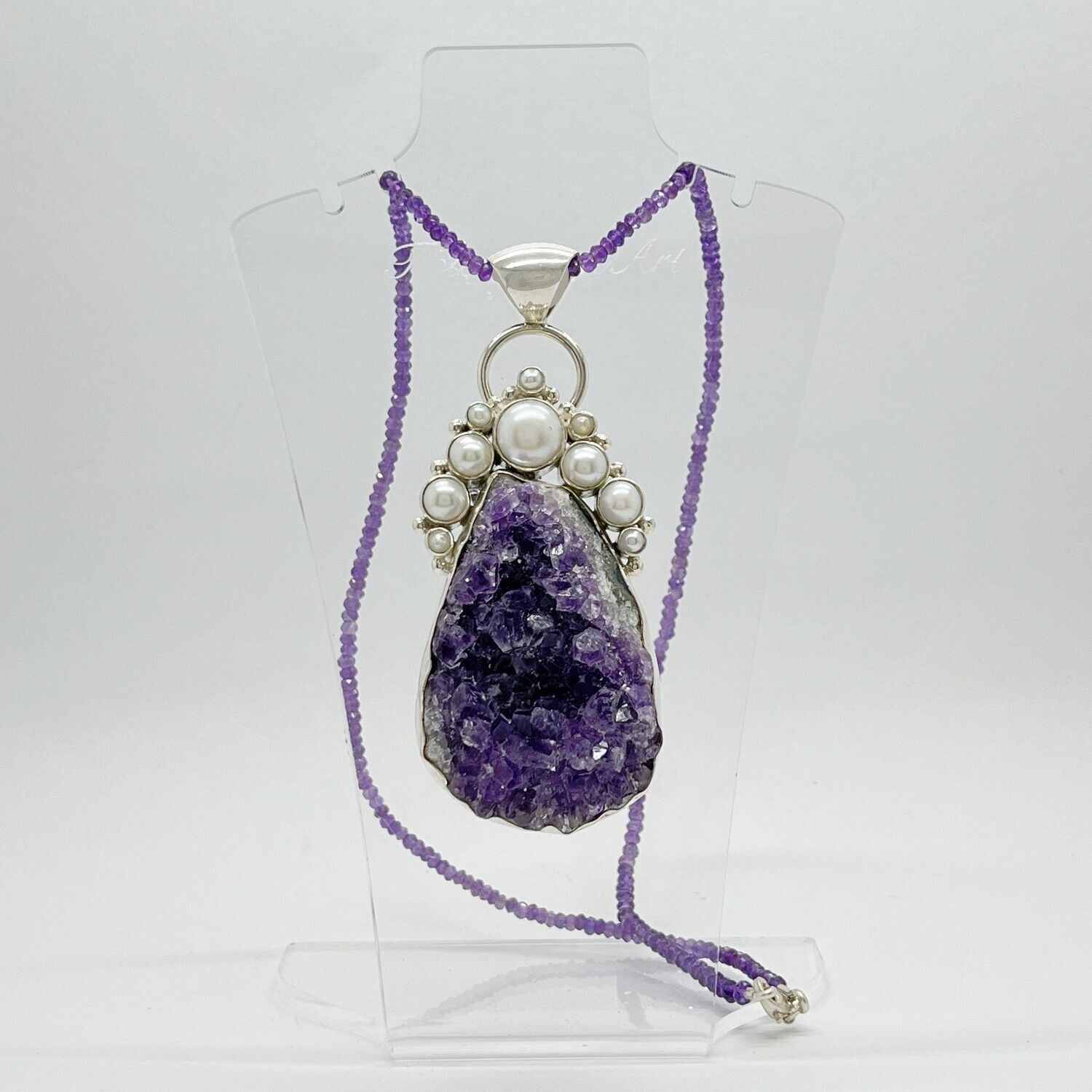 Unikat Anhänger Amethyst+Zuchtperlen - 3,5 x 8 cm
