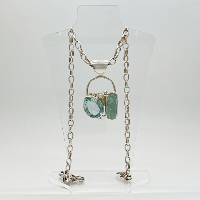 Anhänger Aquamarine+Obsidian meerblau+Zuchtperle - 3 x 3,5 cm Anhänger Aquamarine+Obsidian meerblau+Zuchtperle - 3 x 3,5 cm