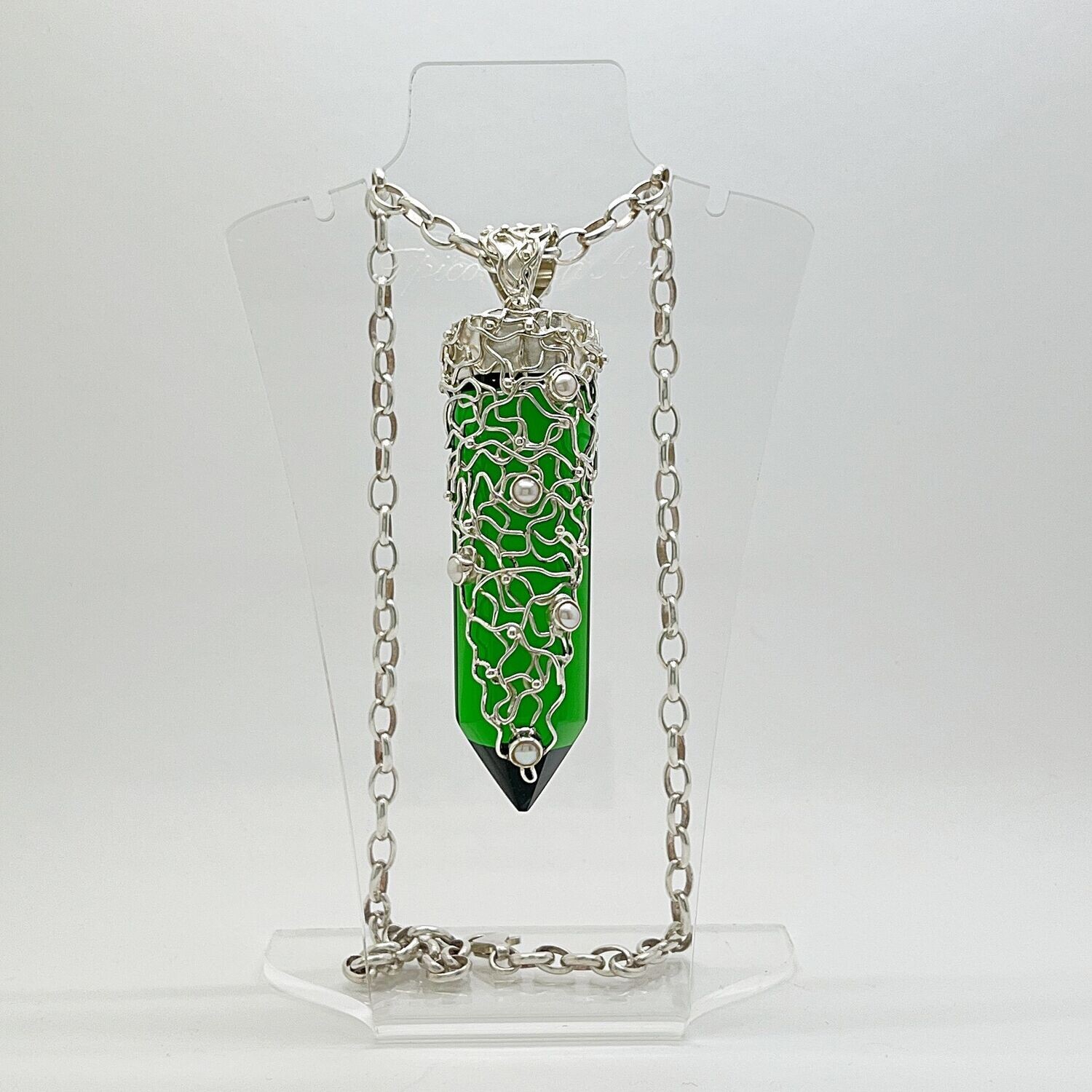 Anhänger Obsidian smaragdgrün Kristallspitze / Zuchtperle - 2,5 x 7,5 cm