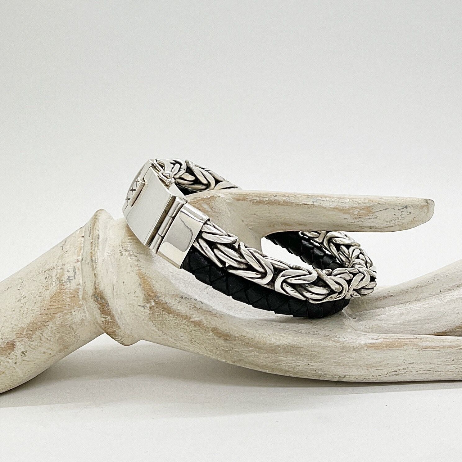 Armband Silber + schwarzes Leder - 
21 cm