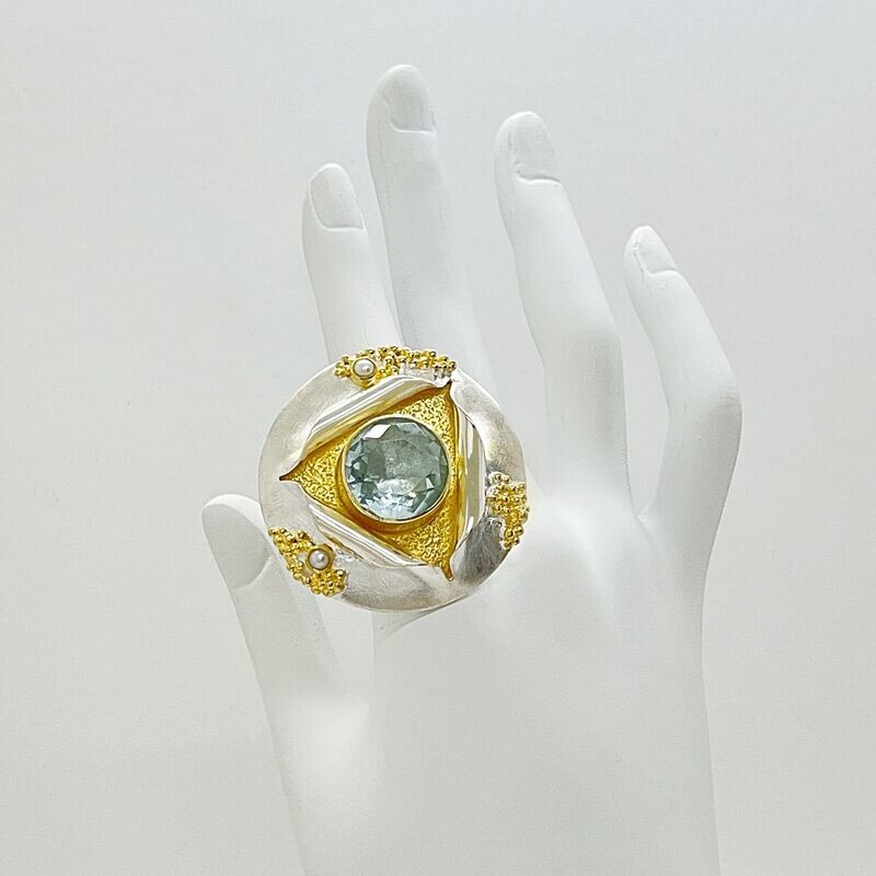 Ring Obsidian meerblau /Zuchtperle Ring Obsidian meerblau /Zuchtperle "elegant lotus" - 1,5 cm