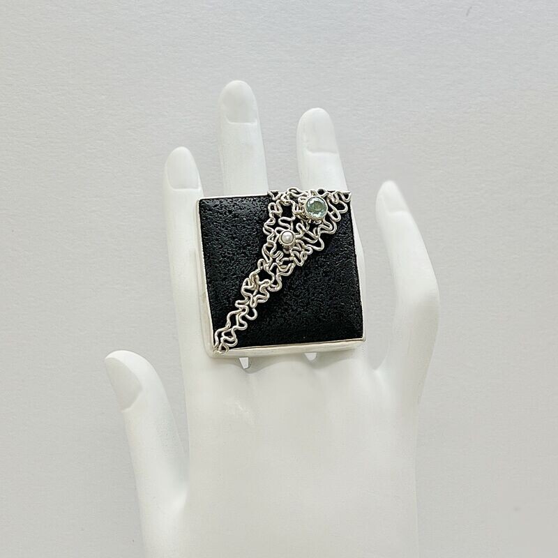 Ring Lava/Obsidian meerblau/Zuchtperle - 3,5 x 3,5 cm Ring Lava/Obsidian meerblau/Zuchtperle - 3,5 x 3,5 cm