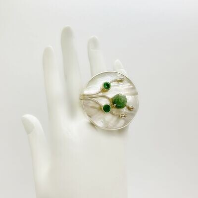 Unikat Ring Perlmutt + Aquamarine rose + Obsidian smaragdgrün - 4 cm