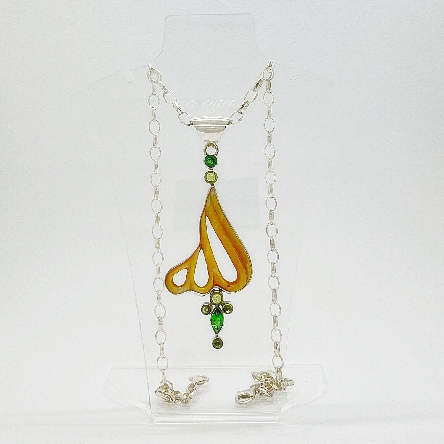 Unikat Anhänger Perlmutt + Obsidian smaragdgrün + Mondstein "Allah" - 3,5 x 7 cm