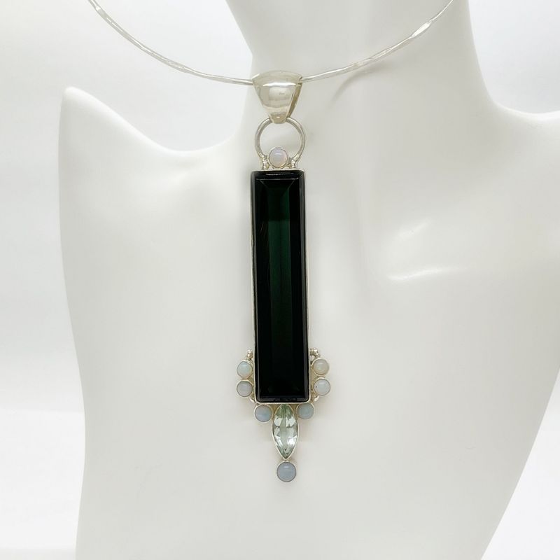 Unikat Anhänger Obsidian lichtschwarz + Opal + Obsidian meerblau "dark beauty" - 1,5 x 6,5 cm