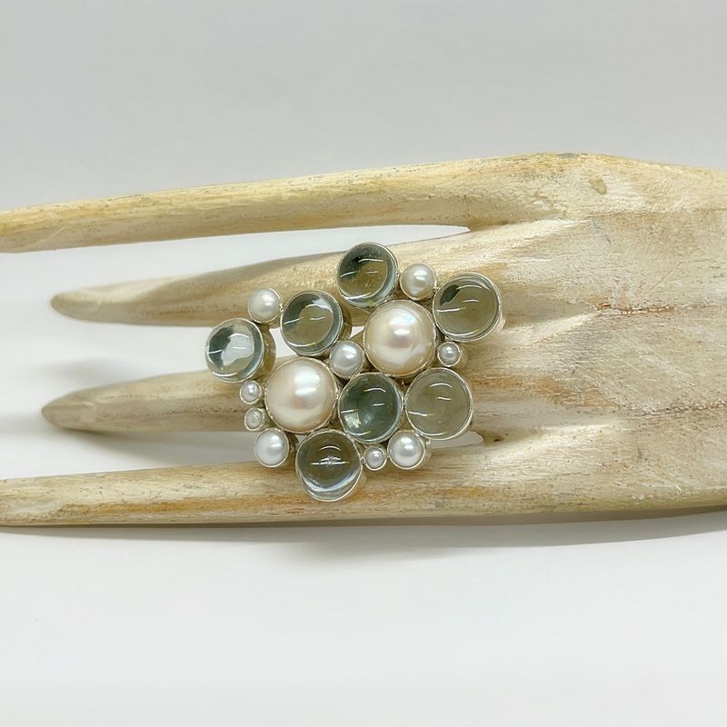 Unikat Ring Obsidian meerblau cabouchon + Zuchtperlen Unikat Ring Obsidian meerblau cabouchon + Zuchtperlen "sea bubbles"