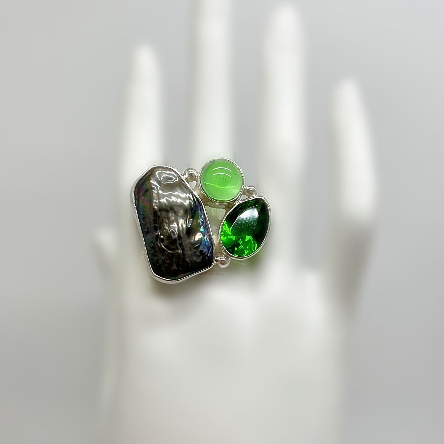 Unikat Ring Blisterperle + Obsidian smaragdgrün "deep sea"