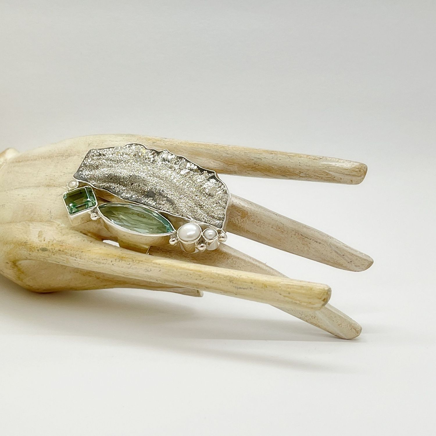 Unikat Ring Chalcedon Druse + Obsidian meerblau + Zuchtperlen "starlight"