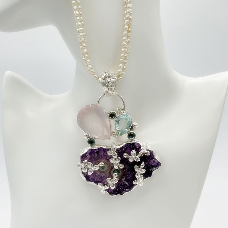 Unikat Anhänger Amethyst Stalaktit + Rosenquarz + Obsidian meerblau Unikat Anhänger Amethyst Stalaktit + Rosenquarz + Obsidian meerblau