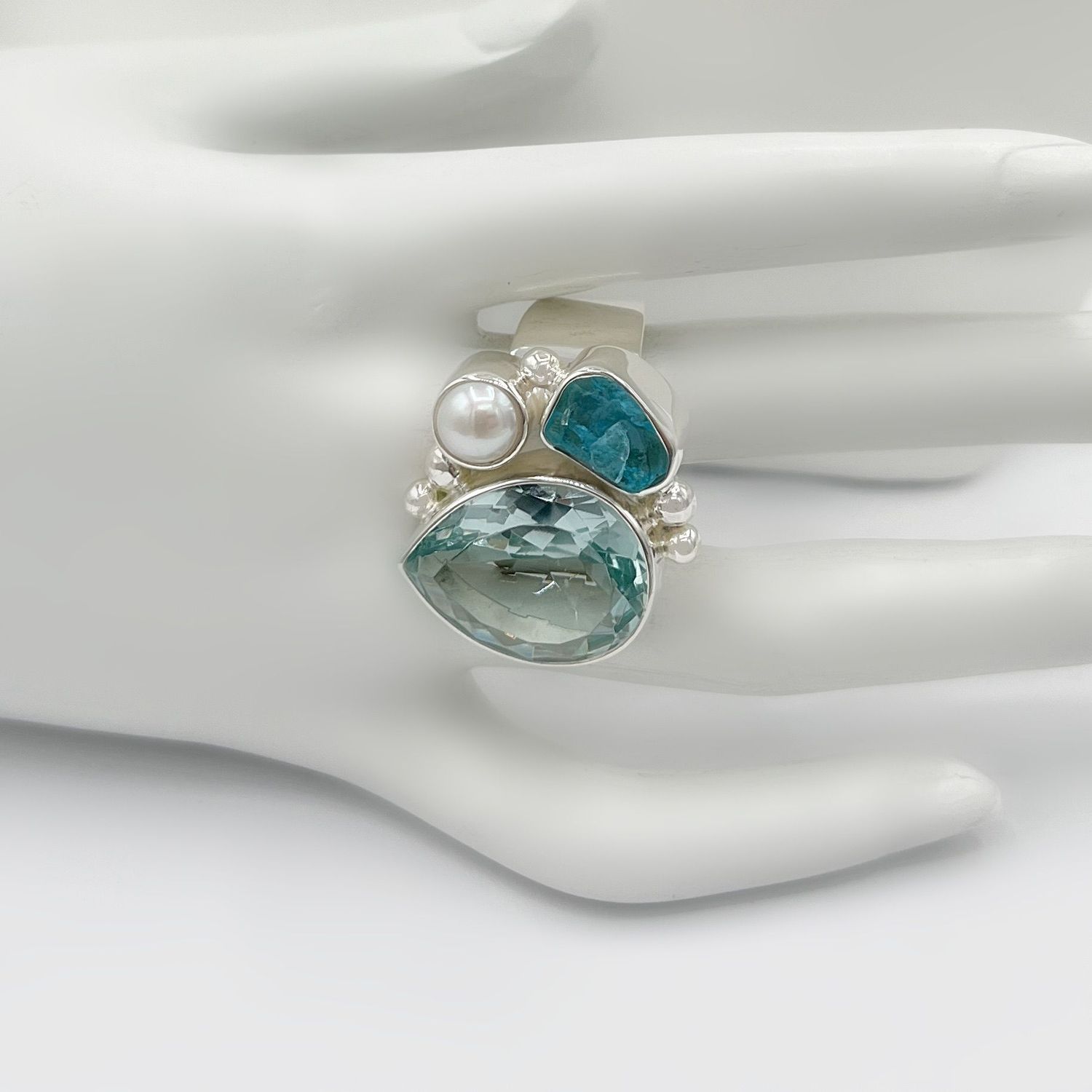 Ring Obsidian meerblau+Apatit+Zuchtperle - 1,5 x 2 cm