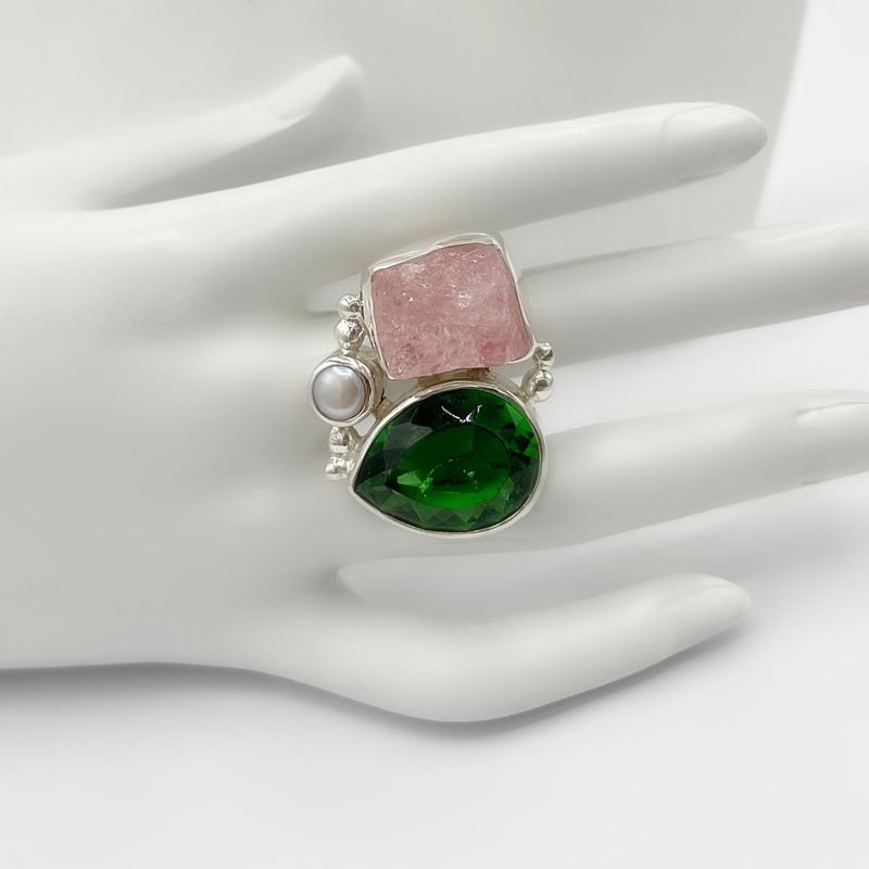 Ring Obsidian smaragdgrün/Morganite/Zuchtperle Ring Obsidian smaragdgrün/Morganite/Zuchtperle