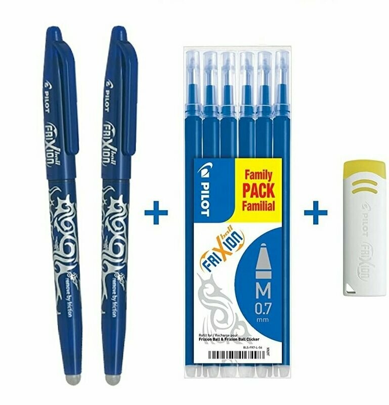 Lot de 2 Stylos Roller PILOT FRIXION 07 + 6 Recharges + 1 Gomme - BLEU - Pointe Moyenne 07