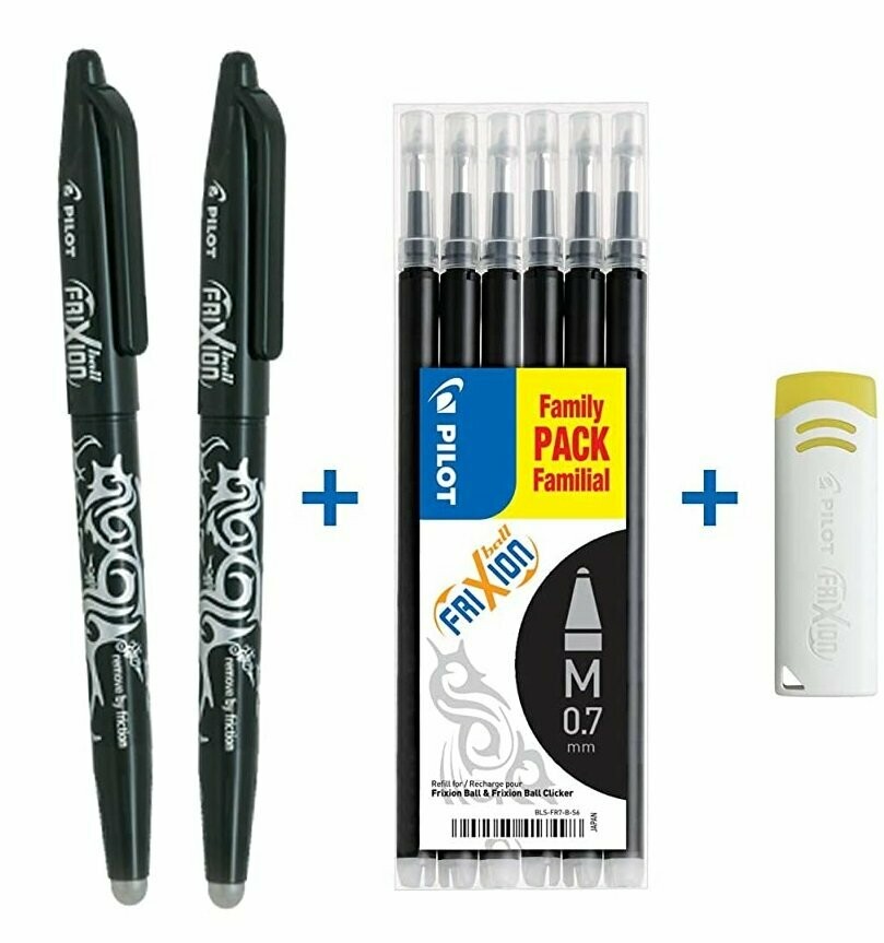 Lot de 2 Stylos Roller PILOT FRIXION 07 + 6 Recharges + 1 Gomme - NOIR - Pointe Moyenne 07