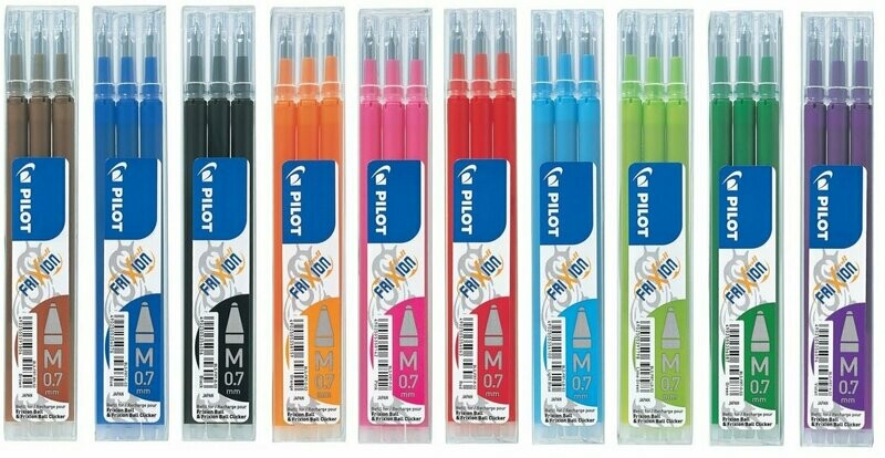 Lot de 10 étuis de 3 recharges PILOT FRIXION 07 encre Noir, Bleu, Rouge, Vert, Violet, Rose, Turquoise, Chocolat, Orange, Vert-Clair