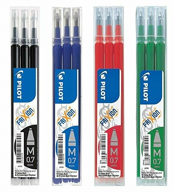 Lot de 4 étuis de 3 recharges PILOT FRIXION 07 encre Noir, Bleu, Rouge, vert