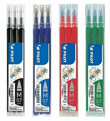 Lot de 4 étuis de 3 recharges PILOT FRIXION 07 encre Noir, Bleu, Rouge, vert