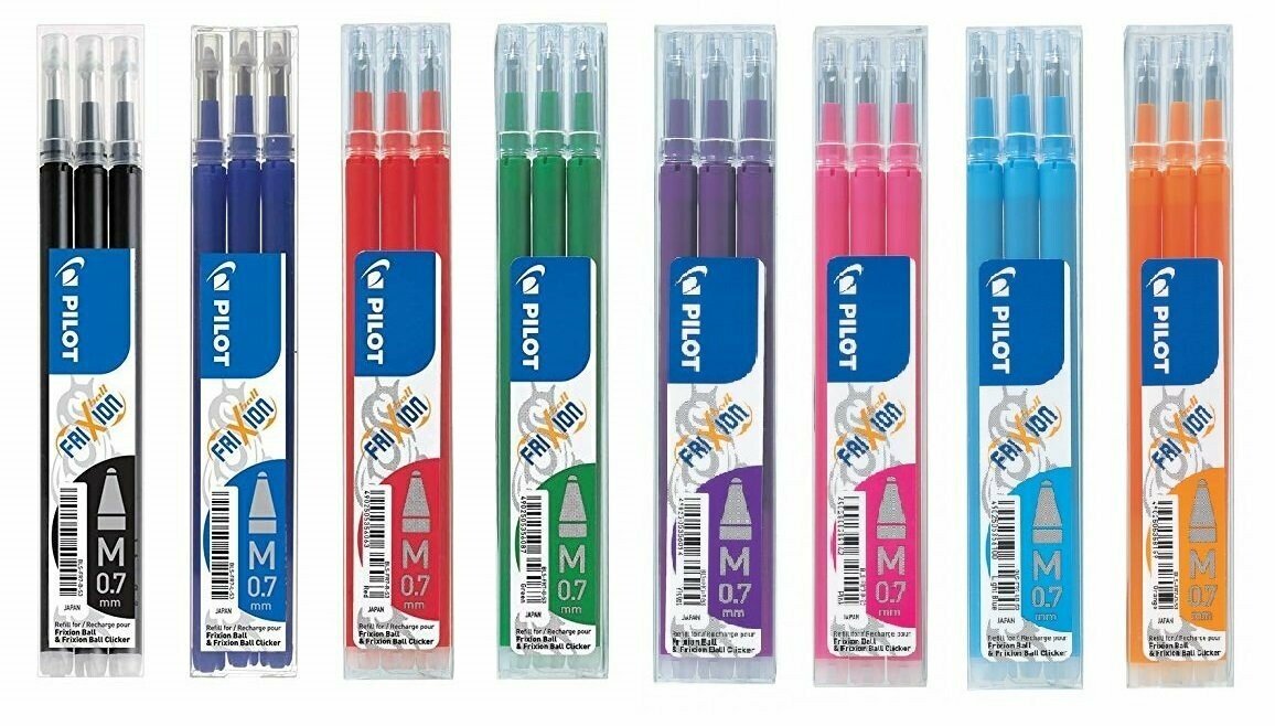 Lot de 8 étuis de 3 recharges PILOT FRIXION 07 encre Noir, Bleu, Rouge, Vert, Violet, Rose, Turquoise, Orange