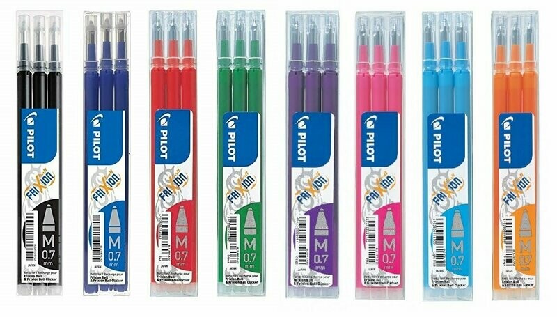 Lot de 8 étuis de 3 recharges PILOT FRIXION 07 encre Noir, Bleu, Rouge, Vert, Violet, Rose, Turquoise, Orange