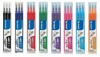 Lot de 8 étuis de 3 recharges PILOT FRIXION 07 encre Noir, Bleu, Rouge, Vert, Violet, Rose, Turquoise, Orange