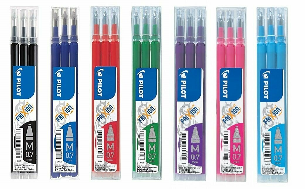Lot de 7 étuis de 3 recharges PILOT FRIXION 07 encre Noir, Bleu, Rouge, Vert, Violet, Rose, Turquoise