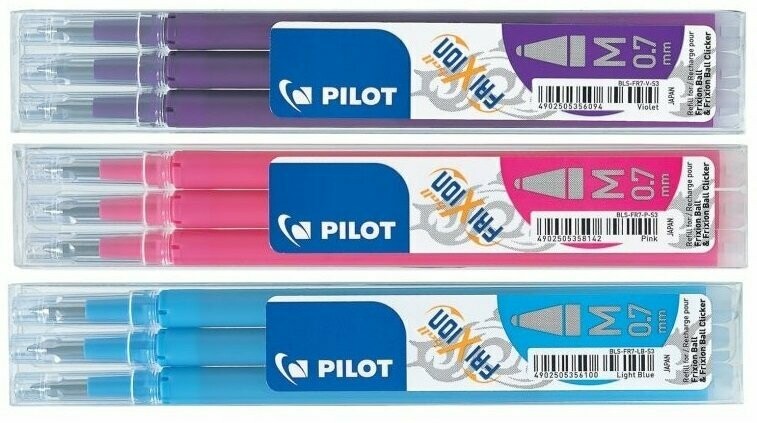 Lot de 3 étuis de 3 recharges PILOT FRIXION 07 encre Violet, Rose, Turquoise