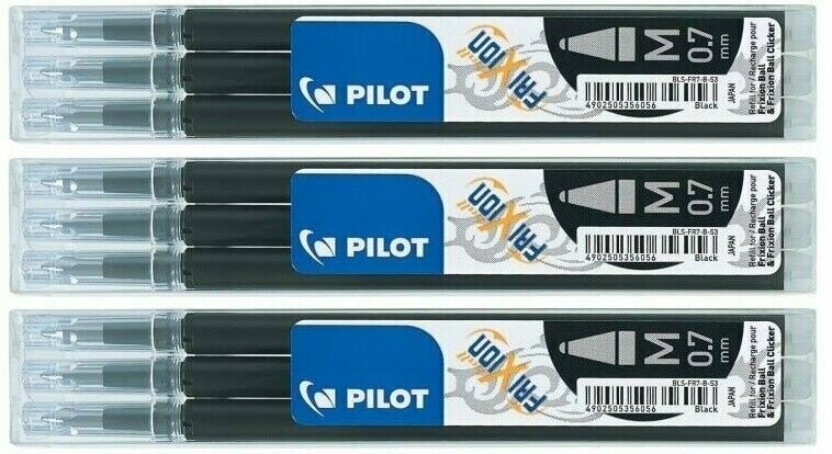 Lot de 3 étuis de 3 recharges PILOT FRIXION 07 encre Noir