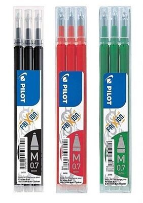 Lot de 3 étuis de 3 recharges PILOT FRIXION 07 encre Noir, Rouge, Vert