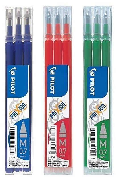 Lot de 3 étuis de 3 recharges PILOT FRIXION 07 encre Bleu, Rouge, Vert