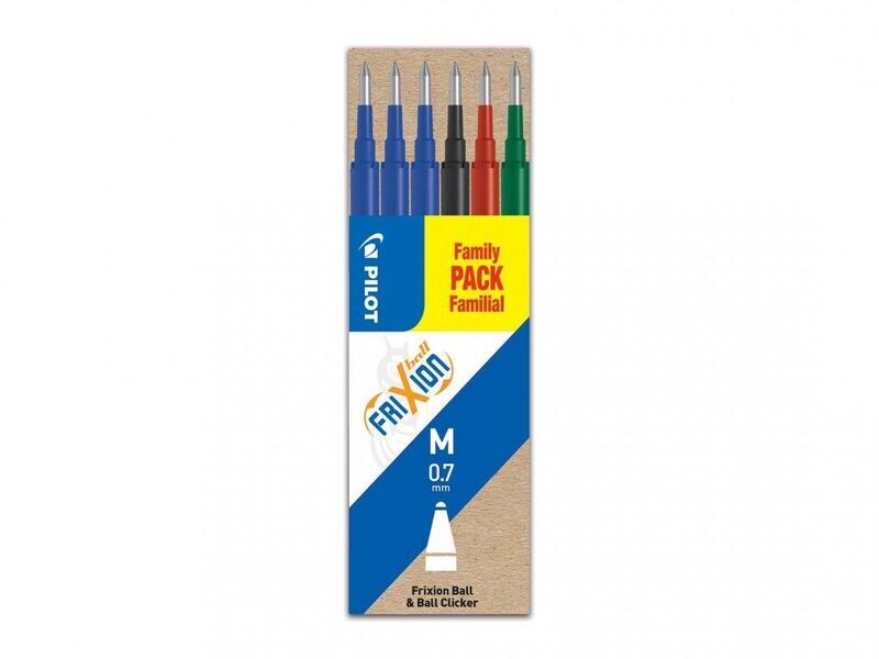 Etui de 6 recharges PILOT FRIXION 07 encre 3 bleues , 1 Noire , 1 Rouge , 1 Verte