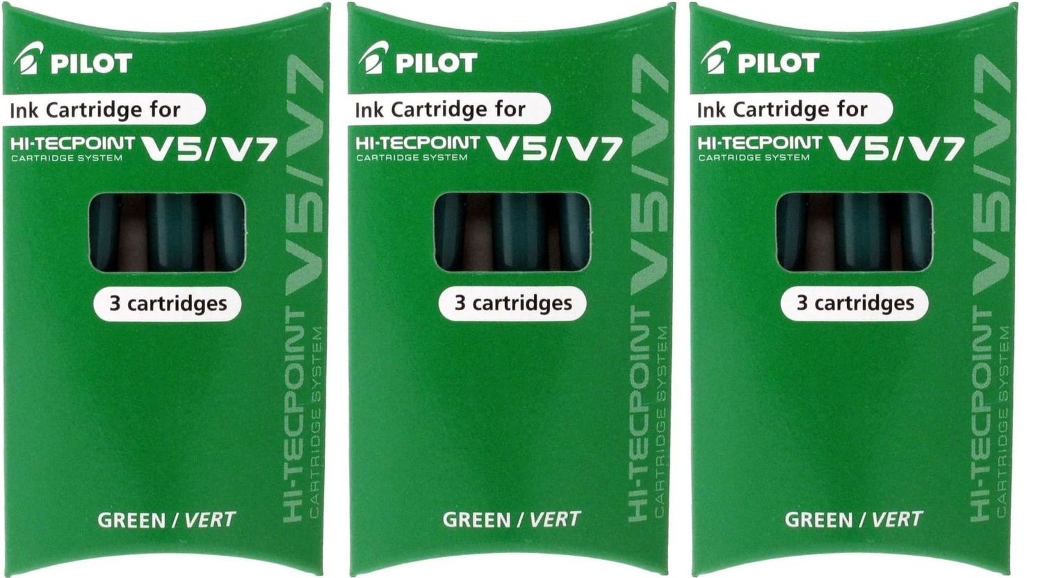 Lot de 3 étuis de 3 cartouches encre VERTE pour Stylos PILOT V5 ou V7 rechargeables