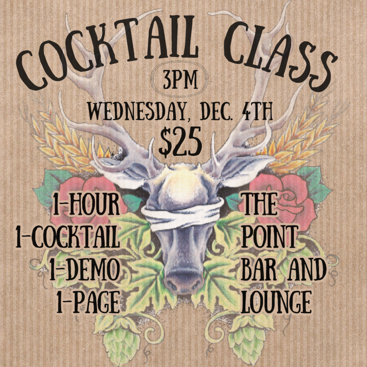 Cocktail Class, Wednesday, Dec 4th, at 3 pm