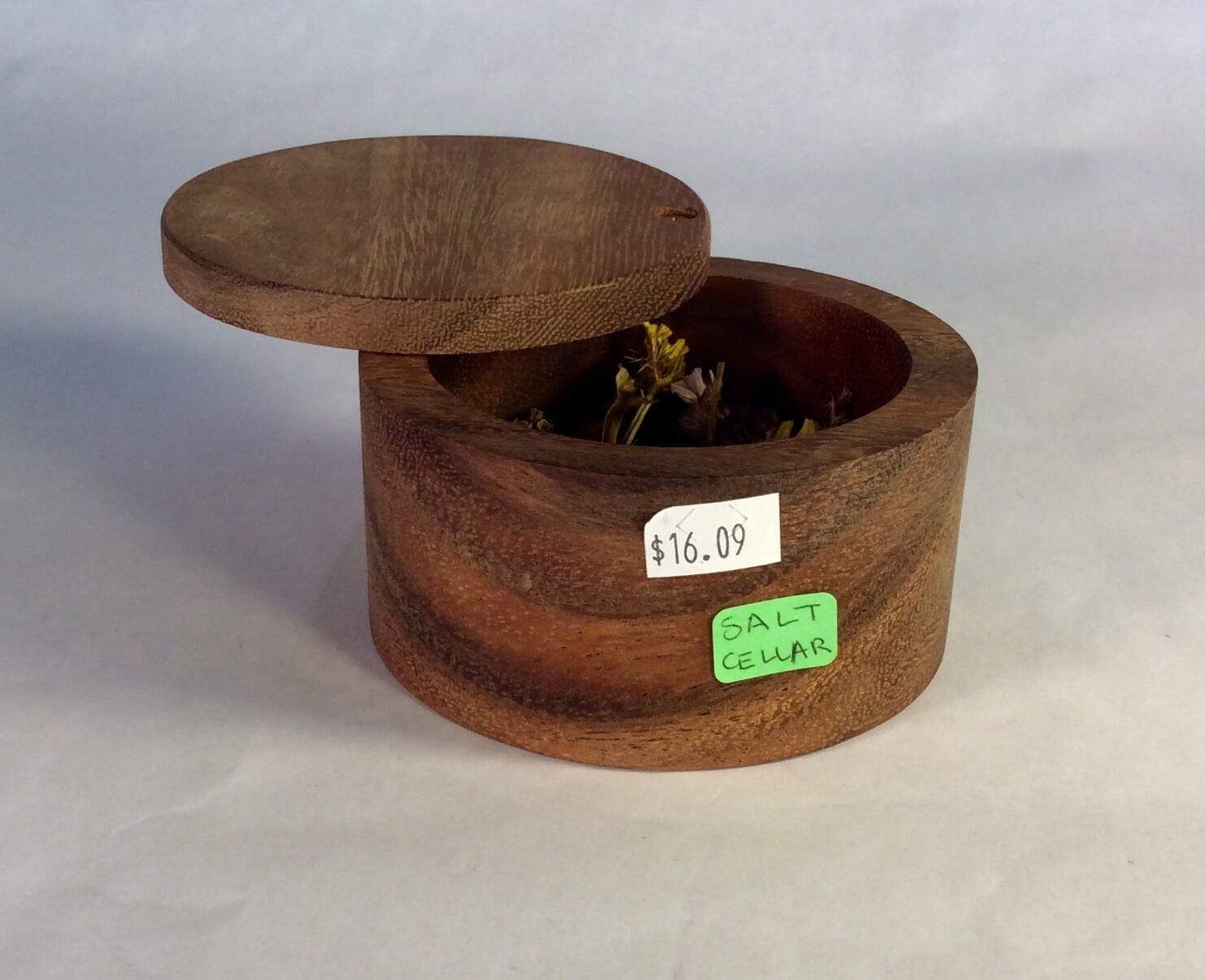 salt cellar, acacia wood; each salt cellar, acacia wood; each