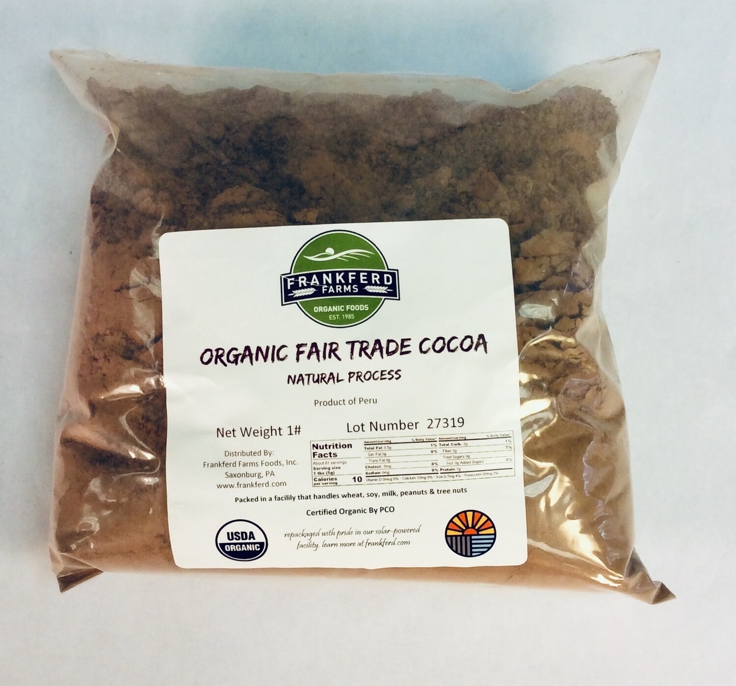 cocoa, powdered, organic, 1 pound; each; Frankferd cocoa, powdered, organic, 1 pound; each; Frankferd