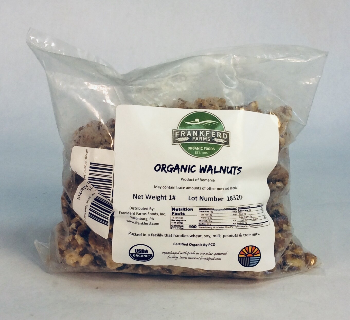 walnuts, organic, halves & pieces, 1#; each; Frankferd Farms walnuts, organic, halves & pieces, 1#; each; Frankferd Farms