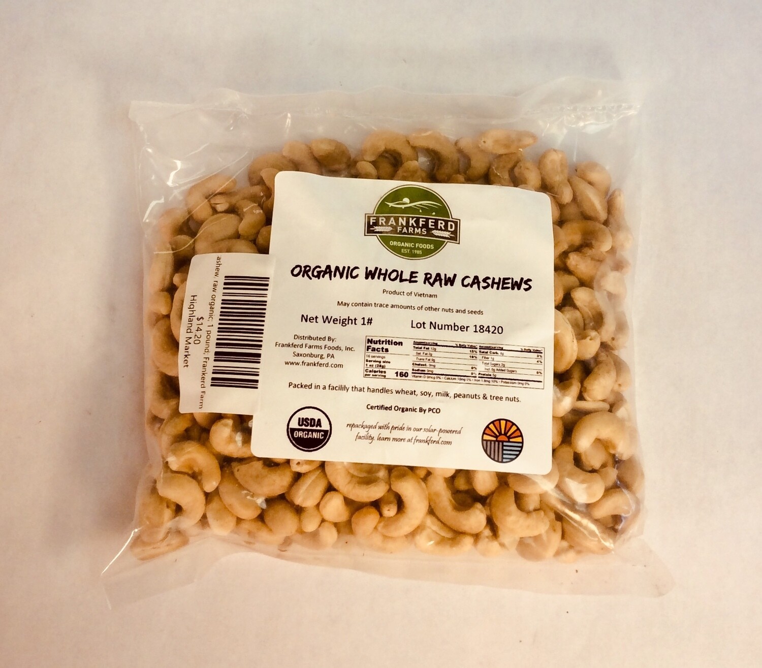 cashews, raw organic; 1 pound; Frankerd Farms cashews, raw organic; 1 pound; Frankerd Farms