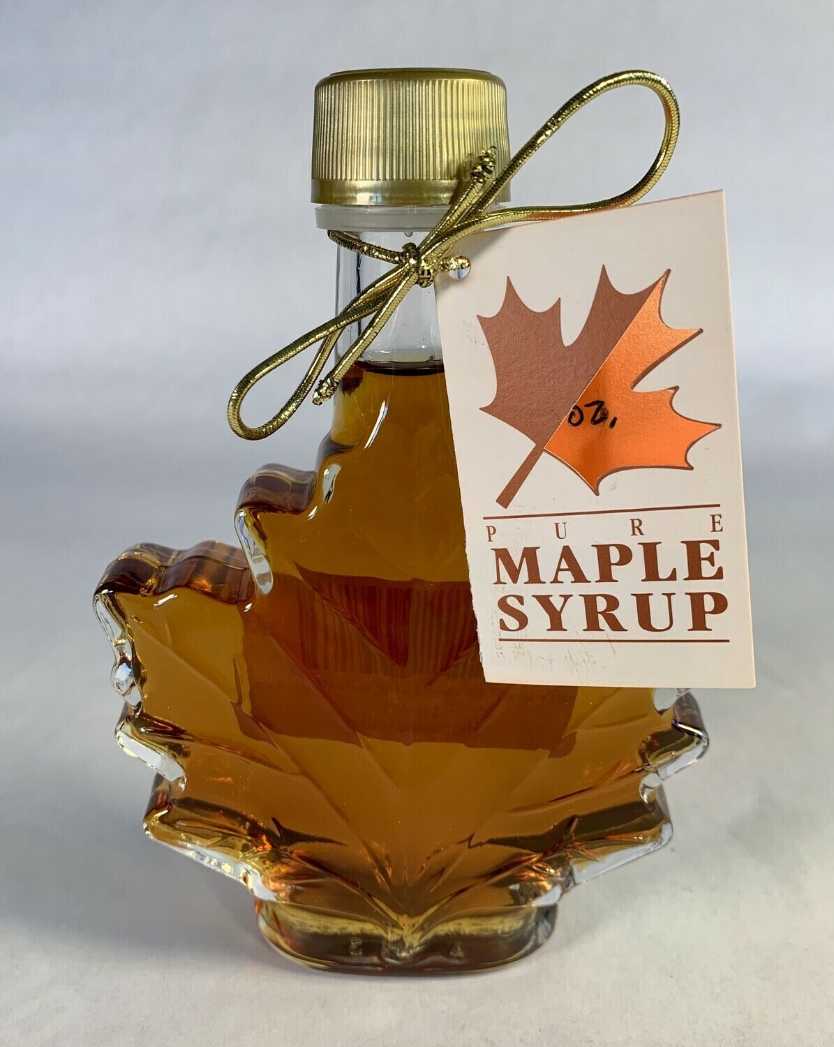 maple syrup, 3.4 oz glass maple leaf bottle; Maple Ridge Farm maple syrup, 3.4 oz glass maple leaf bottle; Maple Ridge Farm