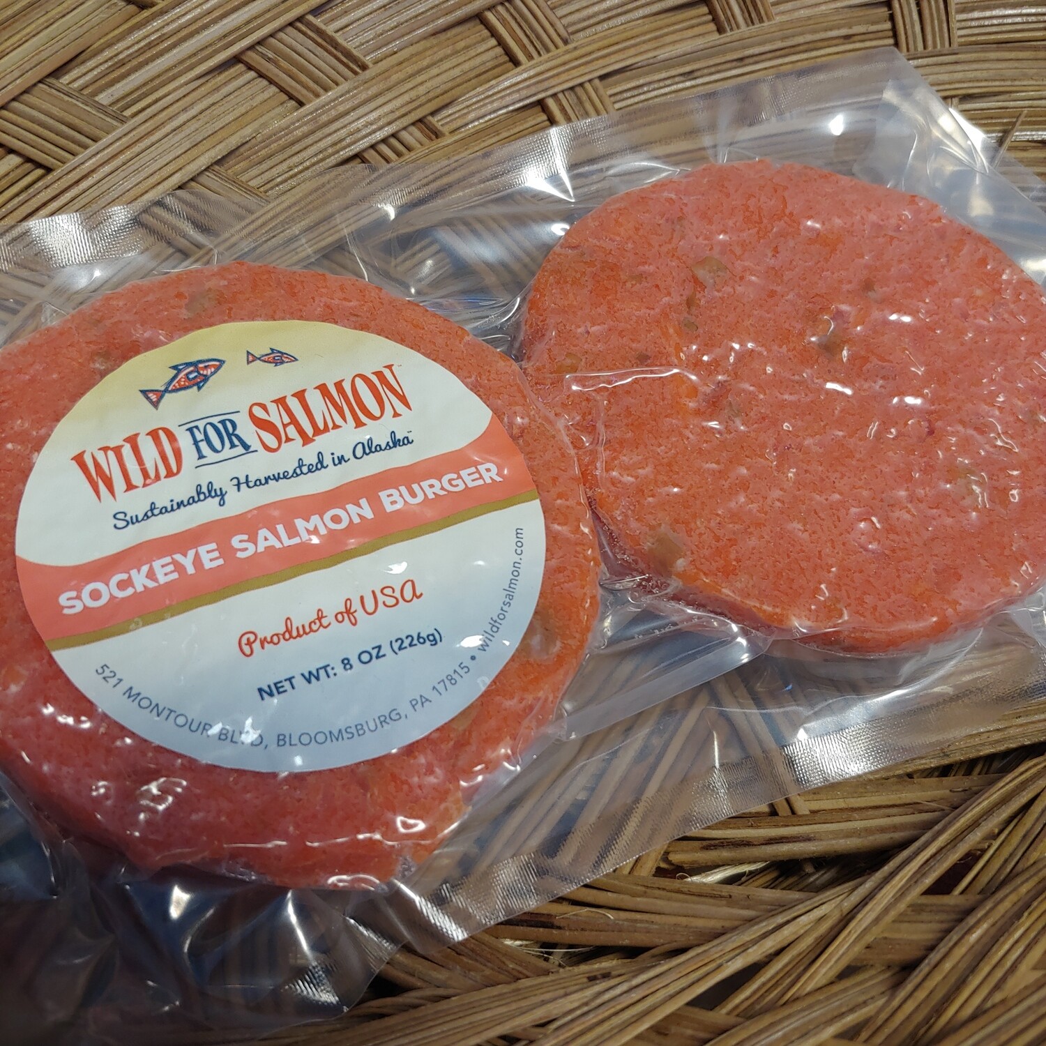 burger, sockeye salmon; 2 per pack; Wild For Salmon burger, sockeye salmon; 2 per pack; Wild For Salmon