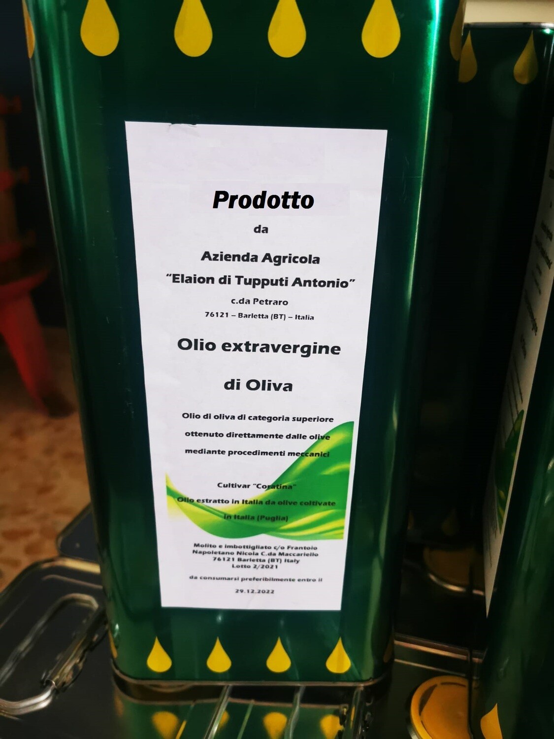 Olio extravergine di Oliva Cultivar Coratina - latta da 5 lt