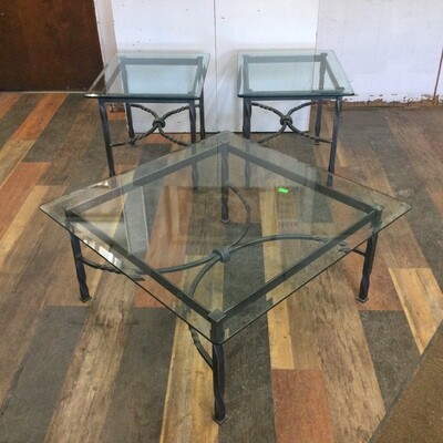 Wrought-Iron Base/Glass-Top Coffee Table & End Tables Set