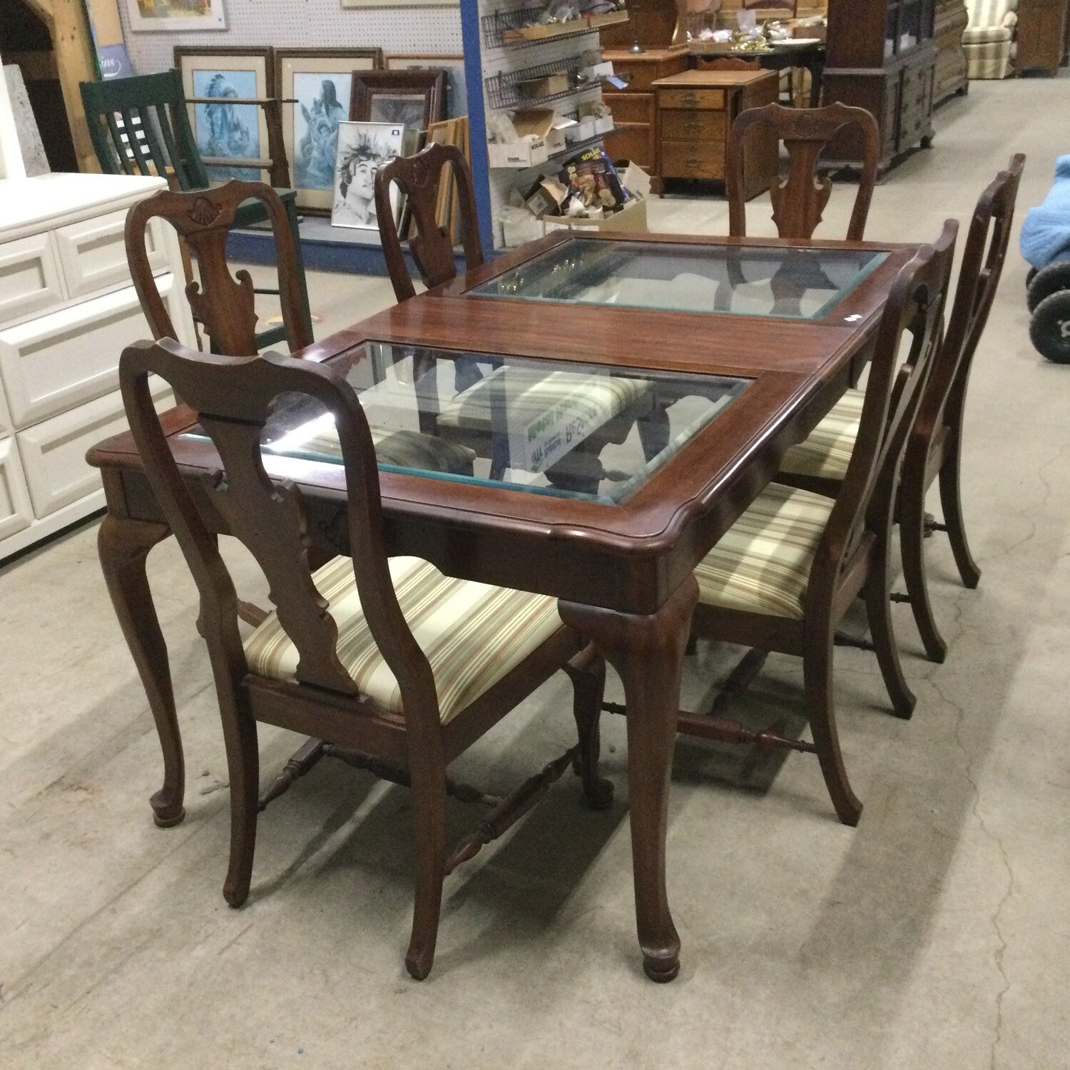 Glass-Insert Top Dining Room Table & 6 Chairs Set
